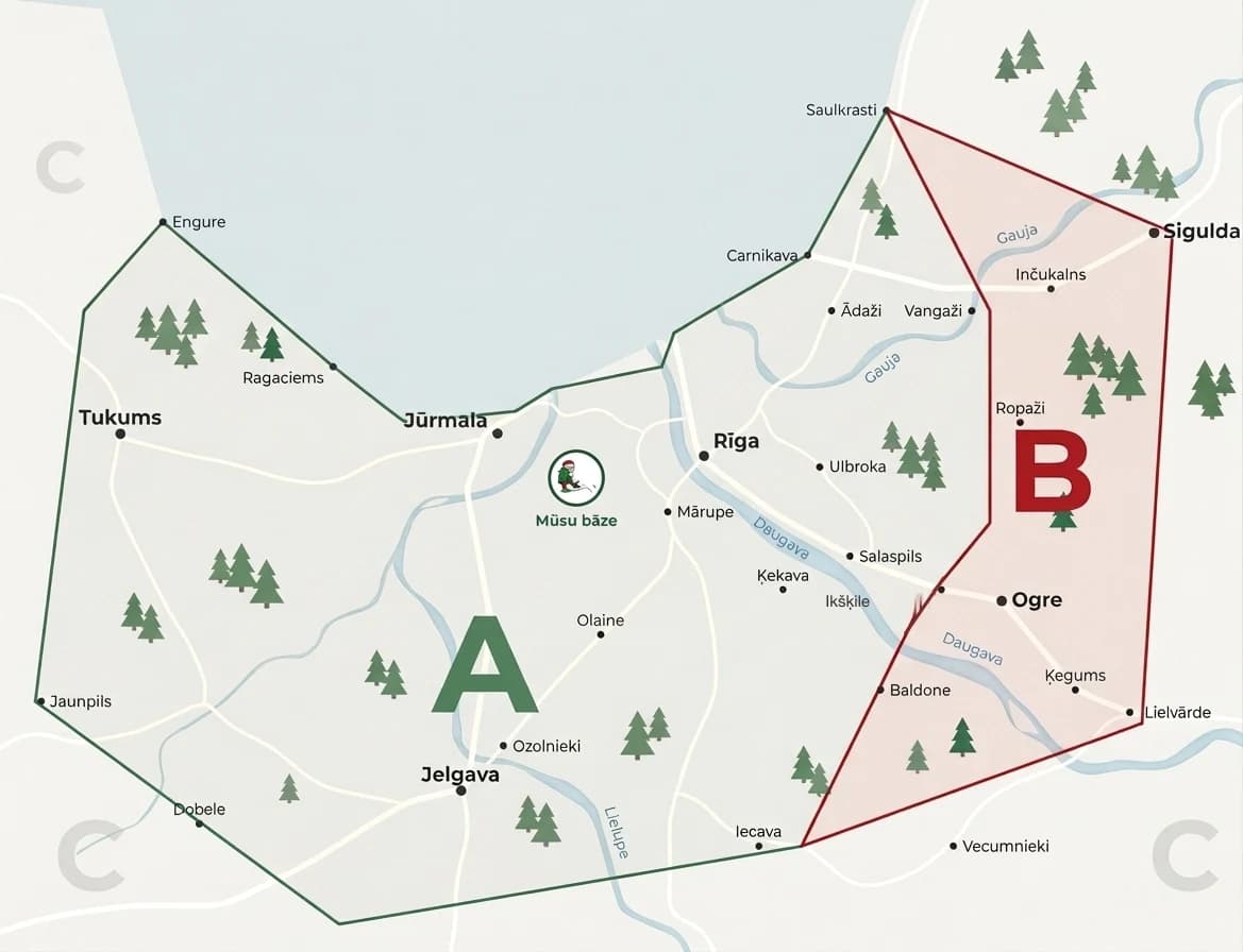 Ilustratīva piegādes zonu karte: A zona ap Rīgu bez maksas, B spec-zona uz austrumiem